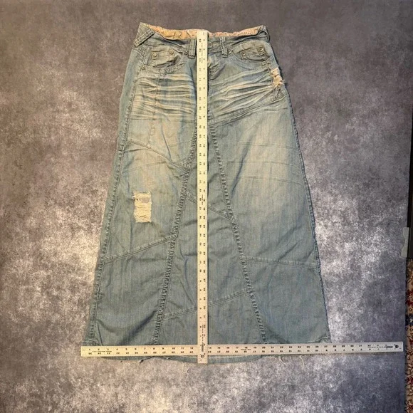 Y2K YNQ Women Blue Denim Maxi Skirt Size 3 Distressed Patchwork Boho Long Skirt - Picture 5 of 7